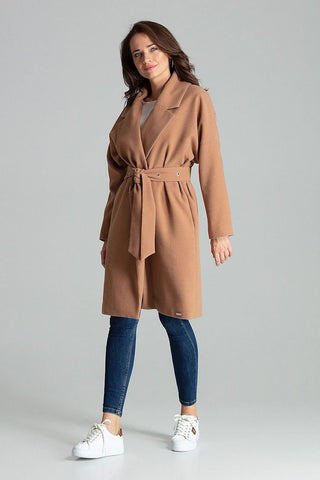Elegant Long Coat with Metal-Detail Belt – Spago Fall Collection